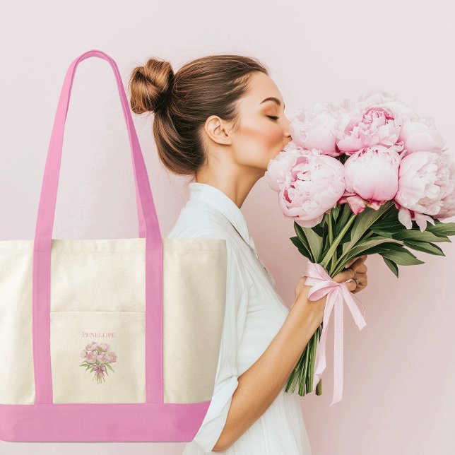 Tote Bag Peonées roses avec Coquette Bow Contrast Trim (Pink Peony tote bag with personalized custom name)