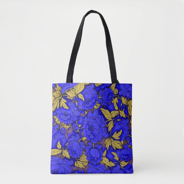 Tote Bag Peonies bleues avec Feuilles d'or (Devant)