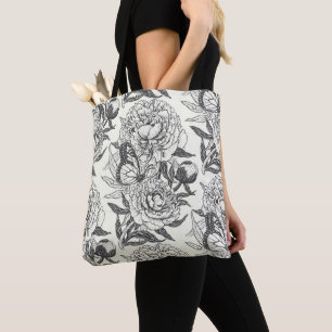 Tote Bag Peonies et papillons bloquent l'impression, noir e