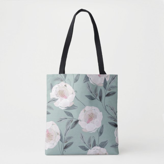 Tote Bag Peonies Roses Blanches : Broderie Florale. (Devant)