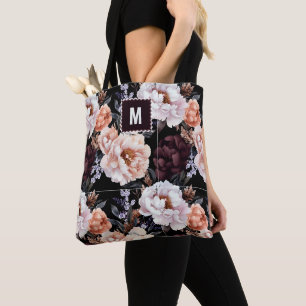 Tote Bag Peonies sombres Motif floral Monogramme