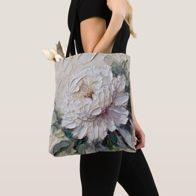 Tote Bag Peony blanc Impasto Art (De près)