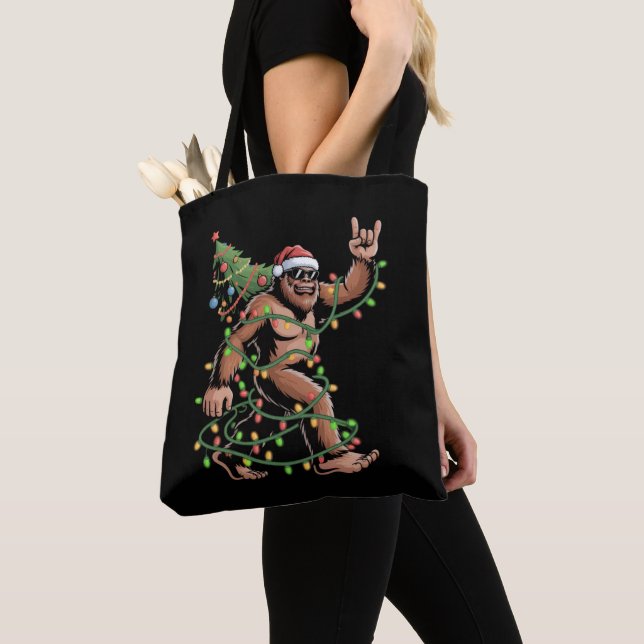 Tote Bag Père Noël Bigfoot Noël Arbre de Noël Lumières Sasq (De près)