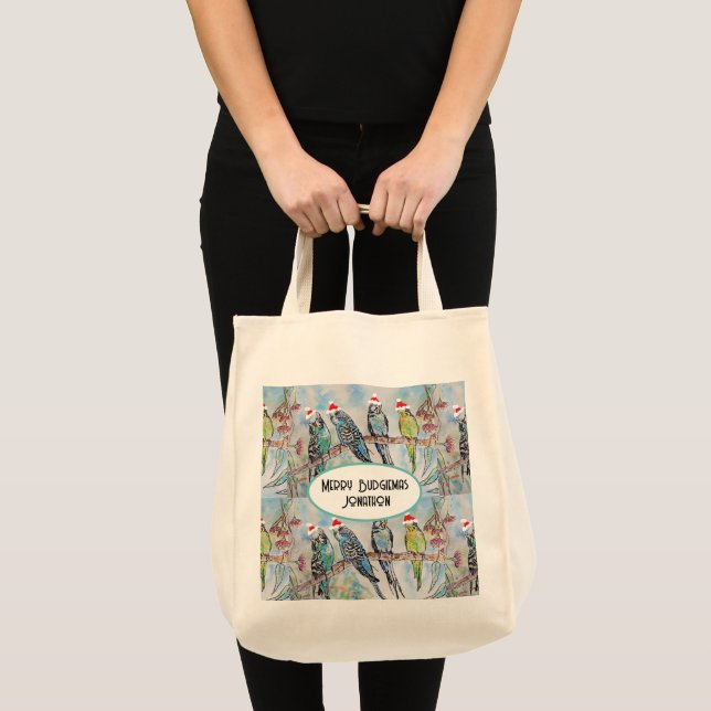 Tote Bag Père Noël Budgie Noël aquarelle peinture oiseau (Devant (produit))