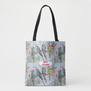 Tote Bag Père Noël Budgie Noël aquarelle peinture oiseau
