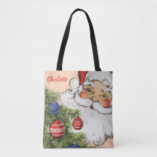 Tote Bag Père Noël de Noël vintage avec ornements d'arbre