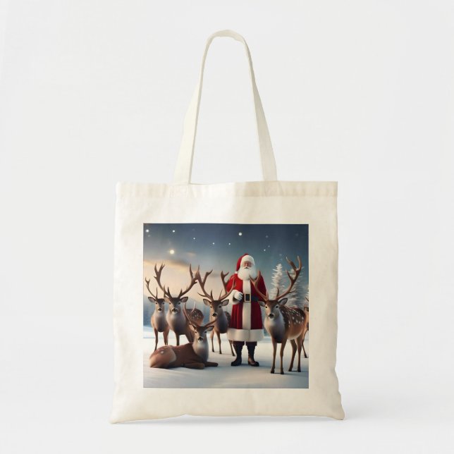 Tote Bag Père Noël Posant Avec Ses Rennes, (Devant)