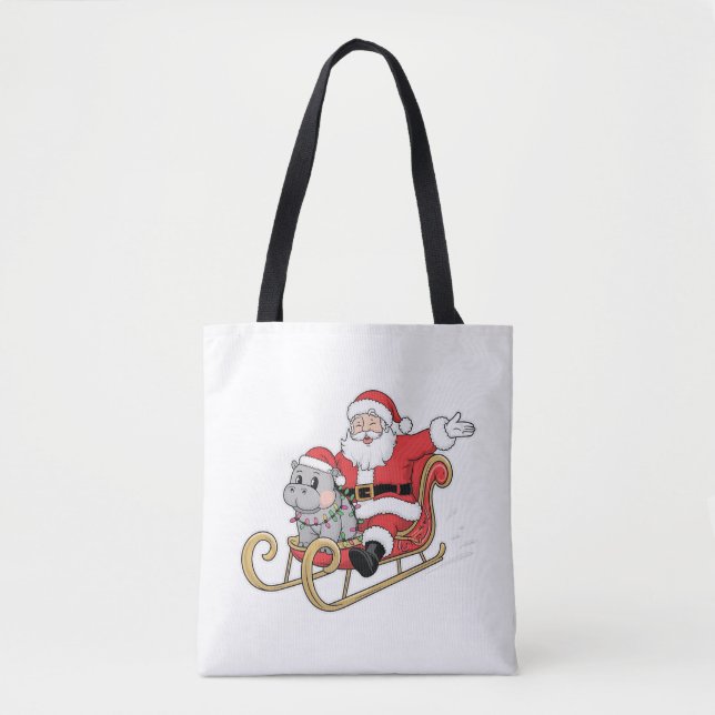 Tote Bag Père Noël Riding Sleigh avec Moo Deng Baby Hippo (Devant)