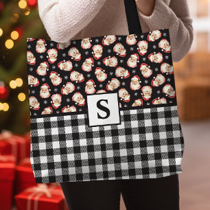 Tote Bag Père Noël Vintage Gingham Noir Monogrammé Noël