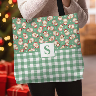 Tote Bag Père Noël Vintage Gingham Vert Monogrammé Noël