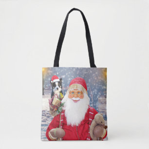 Tote Bag Père Noël w Cadeaux de Noël Bordure Collie Chien