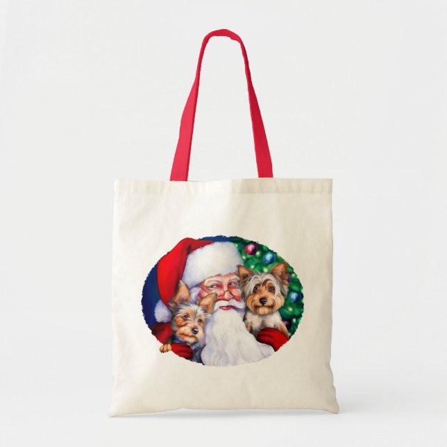 Tote Bag Père Noël Yorkies à Noël (Devant)