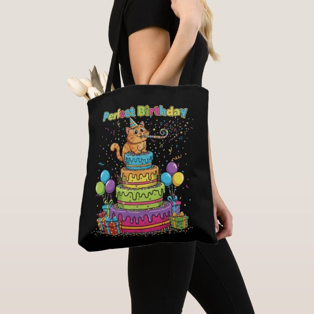 Tote Bag Perfect Birthday Cute Cartoon Cat on Rainbow Cake  (De près)