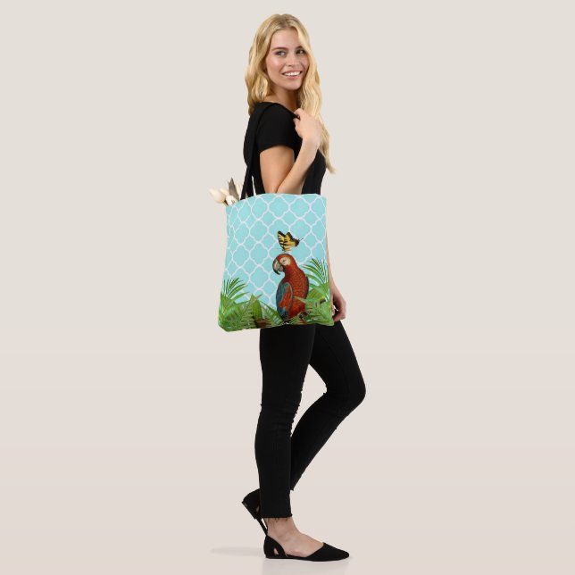 Tote Bag Perroquet et papillon turquoise (Sur le modèle)