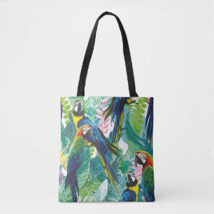 Tote Bag perroquets colorés et fleurs exotiques