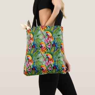 Tote Bag Perroquets de couleurs vives et fleurs tropicales
