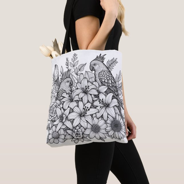 Tote Bag Perroquets et Lilly prêts pour la coloration (De près)
