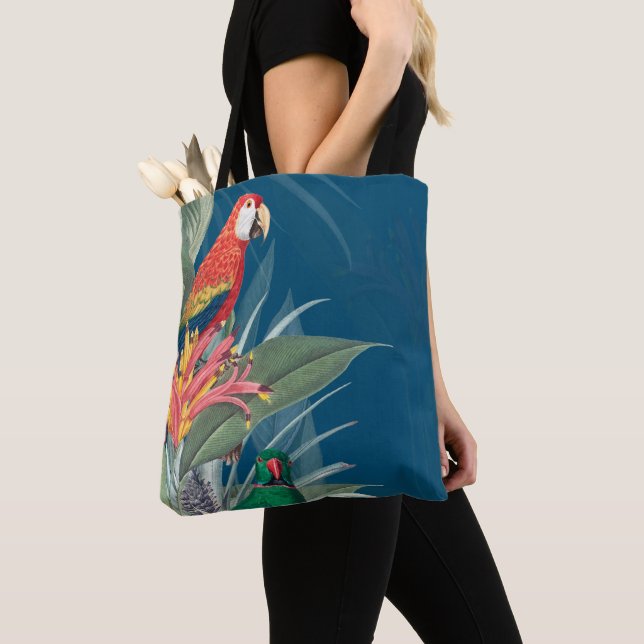 Tote Bag Perroquets tropicaux et bleu foncé floral (De près)