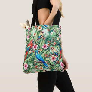 Tote Bag Perroquets tropicaux et hibiscus dans la jungle