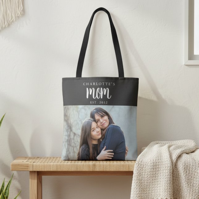Tote Bag Personal Mom Established from Child Photo Name (modern minimal black tote bag gift for mothers day from kids teen to mom with name and year est.)
