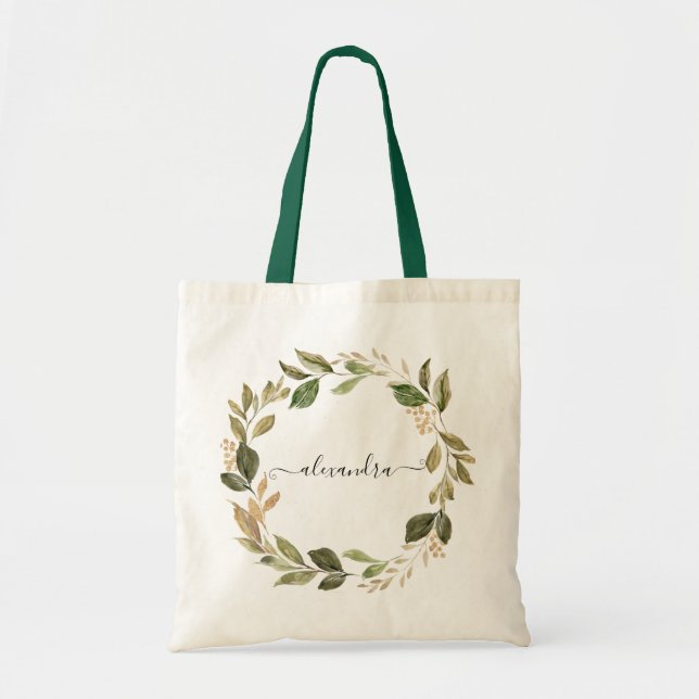 Tote Bag Personalize Botanical Gold Greenery Leaves Wreath (Devant)