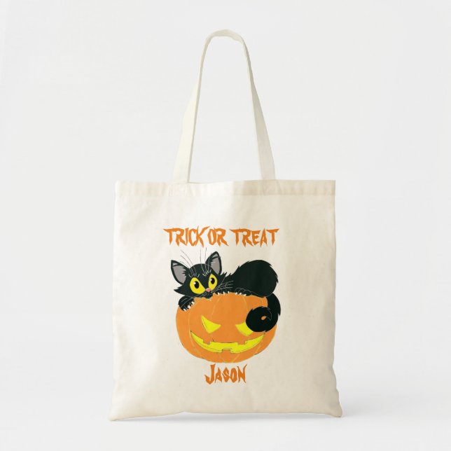 Tote Bag Personalized Black Cat And Pumpkin Trick or Treat (Devant)