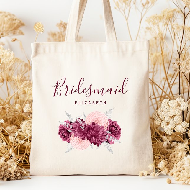 Tote Bag Personalized Bridesmaid Floral Burgundy Blush (Créateur téléchargé)