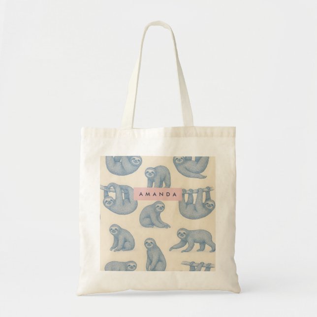 Tote Bag Personalized Charming Elegant Blue Sloth Pattern (Devant)