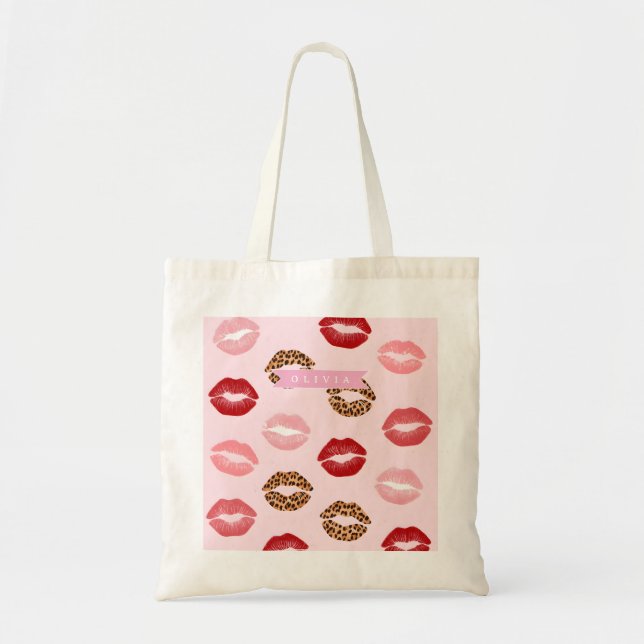 Tote Bag Personalized Chic Pink Leopart Print Lip Pattern (Devant)