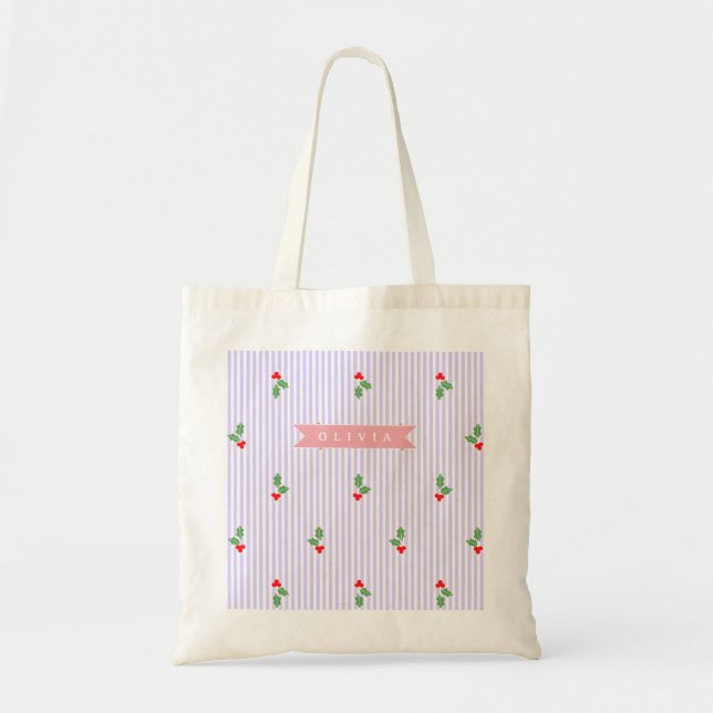 Tote Bag Personalized Cute Striped Holiday Christmas Holly  (Devant)