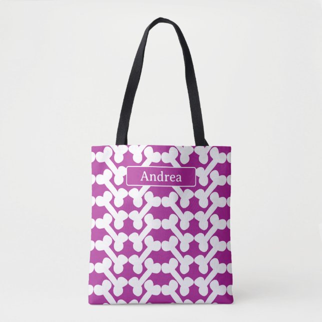 Tote Bag Personalized Dog Bone Pattern Pink White Modern (Devant)