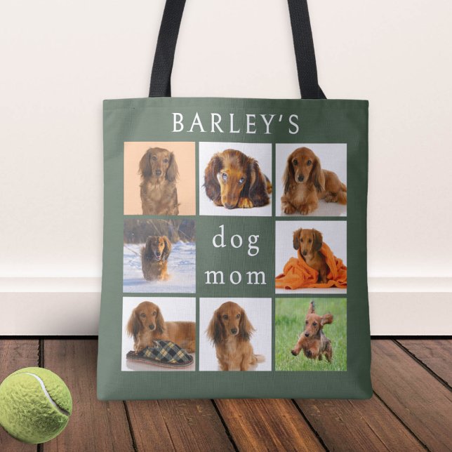 Tote Bag Personalized Dog Mom 8-Photo Collage Sage Green (A stylish, sage green tote bag for the 'dog mom', with personalized pet photo collage)