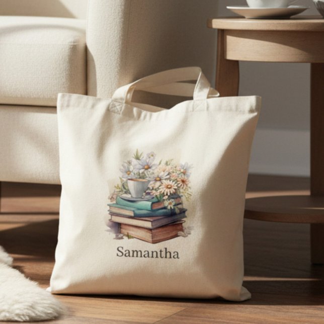 Tote Bag Personalized Floral Stacked Books (Créateur téléchargé)
