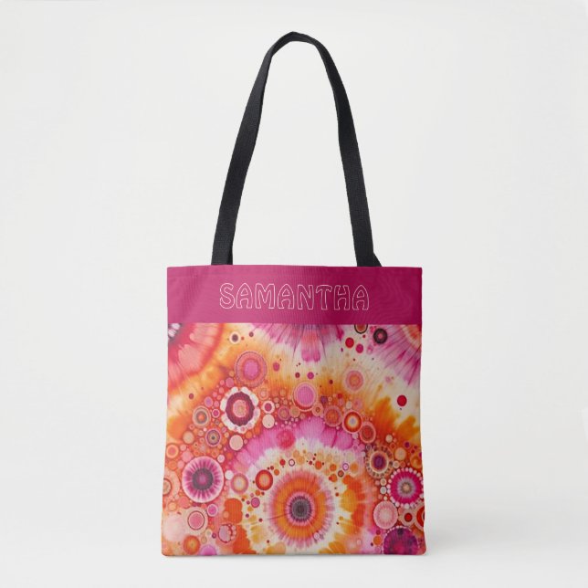 Tote Bag Personalized Fun Orange Hot Pink Batik Art Pattern (Devant)