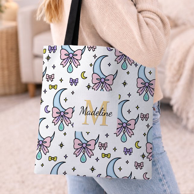 Tote Bag Personalized Girl Cute Bow Name Moons White (Créateur téléchargé)