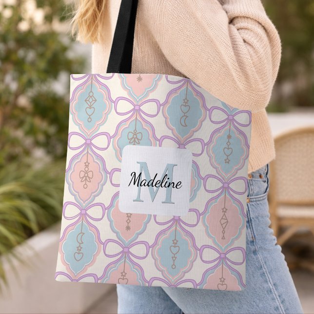 Tote Bag Personalized Girl Pastel Cute Bow Name Blue Pink (Créateur téléchargé)