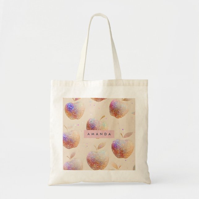 Tote Bag Personalized Glitter Apple Sparkle Fruit Pastel  (Devant)