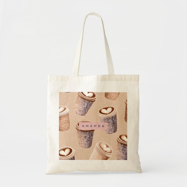 Tote Bag Personalized Glitter Coffee Cup Latte Art  (Devant)