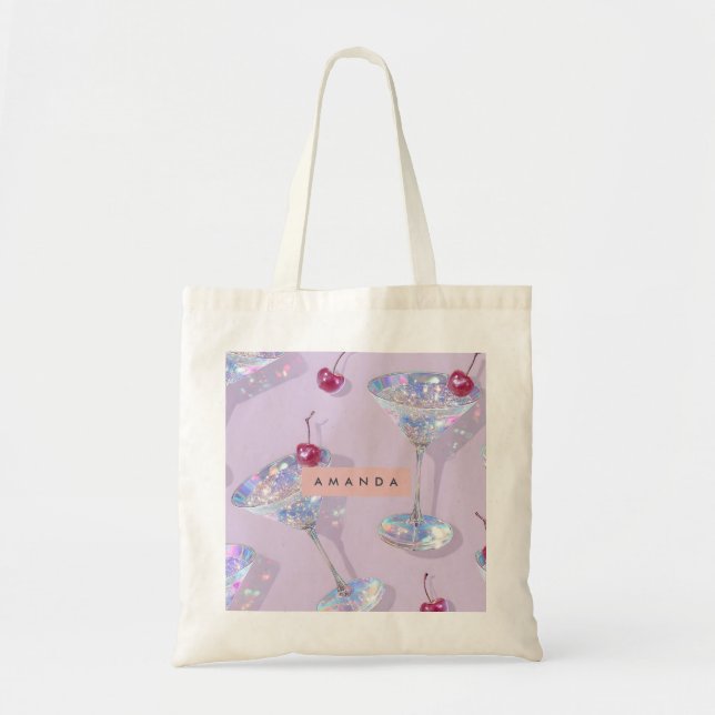 Tote Bag Personalized Iridescent Martini Glass Glitter  (Devant)