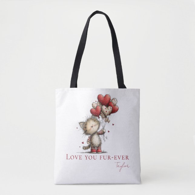 Tote Bag Personalized Love You Fur-Ever Cat & Balloons (Devant)