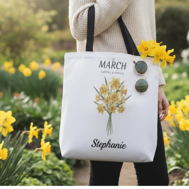 Tote Bag Personalized March Birthday Daffodil Botanical (Personalized March Birthday Daffodil Tote Bag)