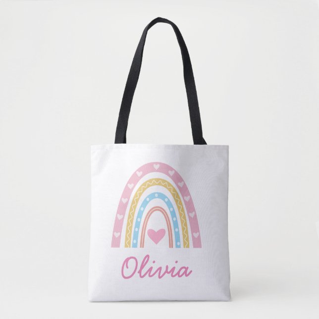 Tote Bag Personalized Pastel boho rainbow  girl Name  (Devant)