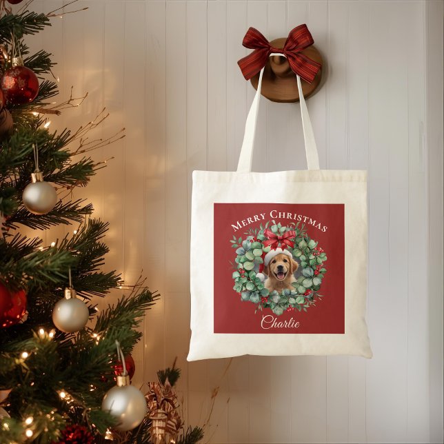 Tote Bag Personalized Pet Christmas with Wreath & Name Tote (Créateur téléchargé)