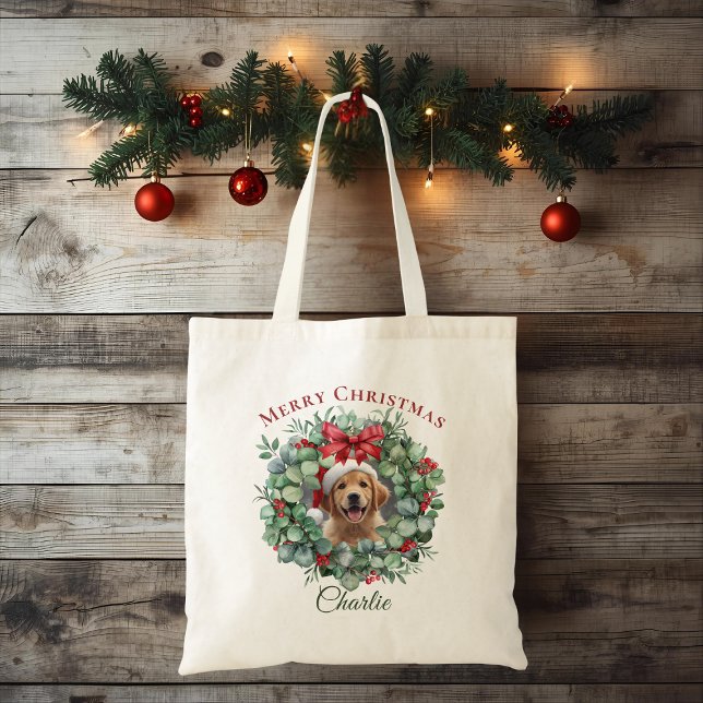 Tote Bag Personalized Pet Christmas with Wreath & Name Tote (Créateur téléchargé)