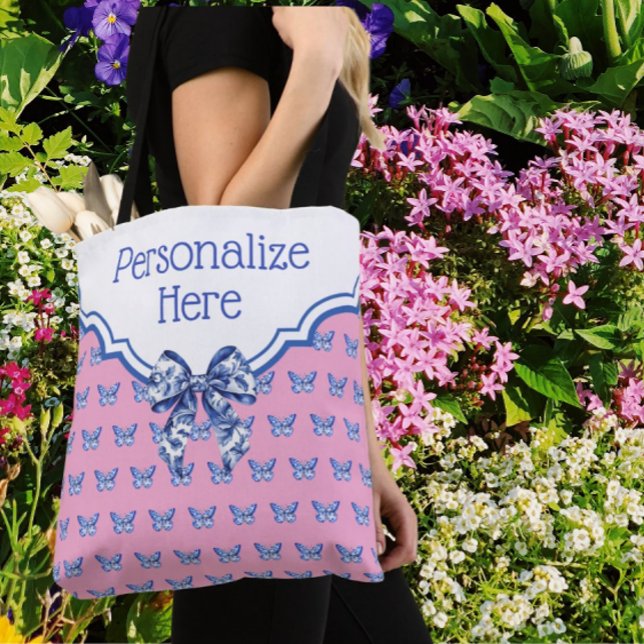 Tote Bag Personalized Pink Blue White Butterfly (Lovely Mothers Day gift!)