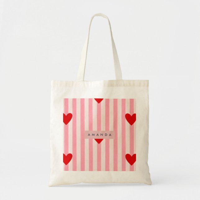 Tote Bag Personalized Playful Red Heart & Pink Stripe  (Devant)