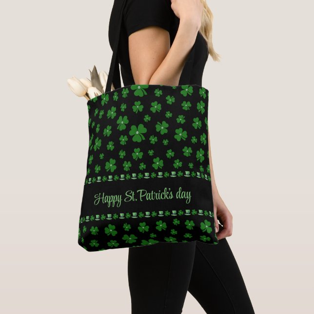 Tote Bag Personalized St. Patrick’s Day Shamrock on Black (De près)