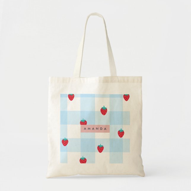 Tote Bag Personalized Sweet Strawberry Gingham Blue (Devant)