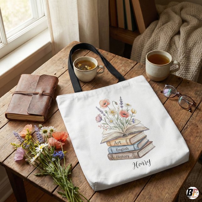 Tote Bag Personalized Teacher Floral Book Stack Custom Gift (Créateur téléchargé)