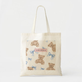 Tote Bag Personalized Teddy Bear & Blue Bow Pattern